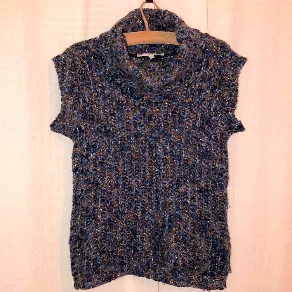 Bershka M Chunky Knit Cowl Neck Blue Rust Gold Metallic Sweater Vest